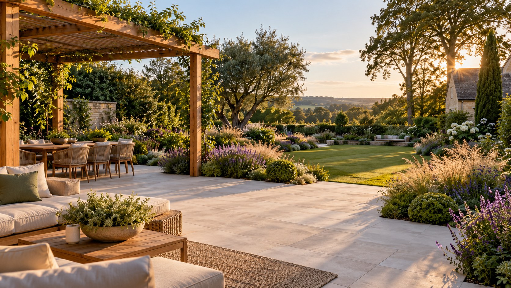 A landscaped garden with a patio and lush planting