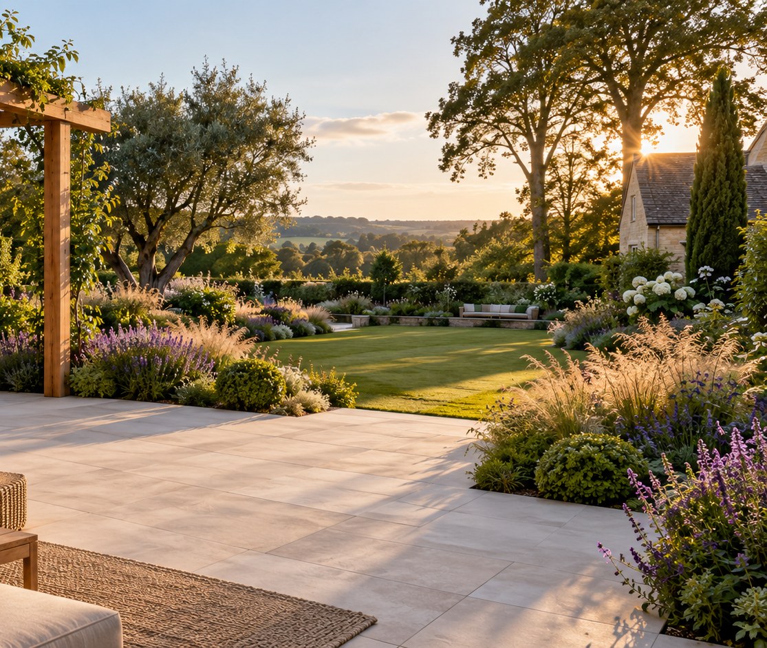 Lush planting around an outdoor seating area